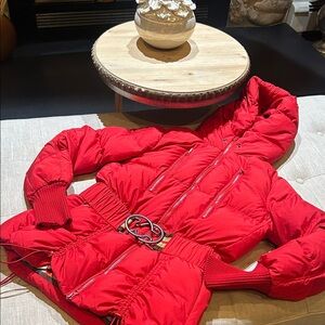 Missoni Denim Red/ Plaid Cinched Waist Puffer Down Jacket Size 6